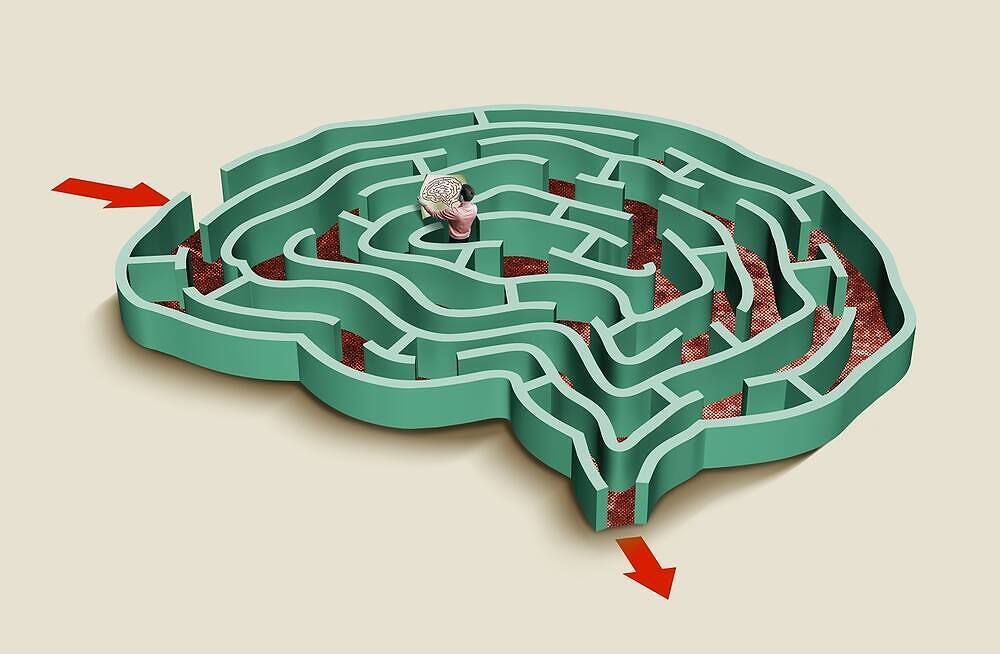 Illustration of a brain-shaped maze with a small figure inside, representing the complex journey through addiction psychology and recovery