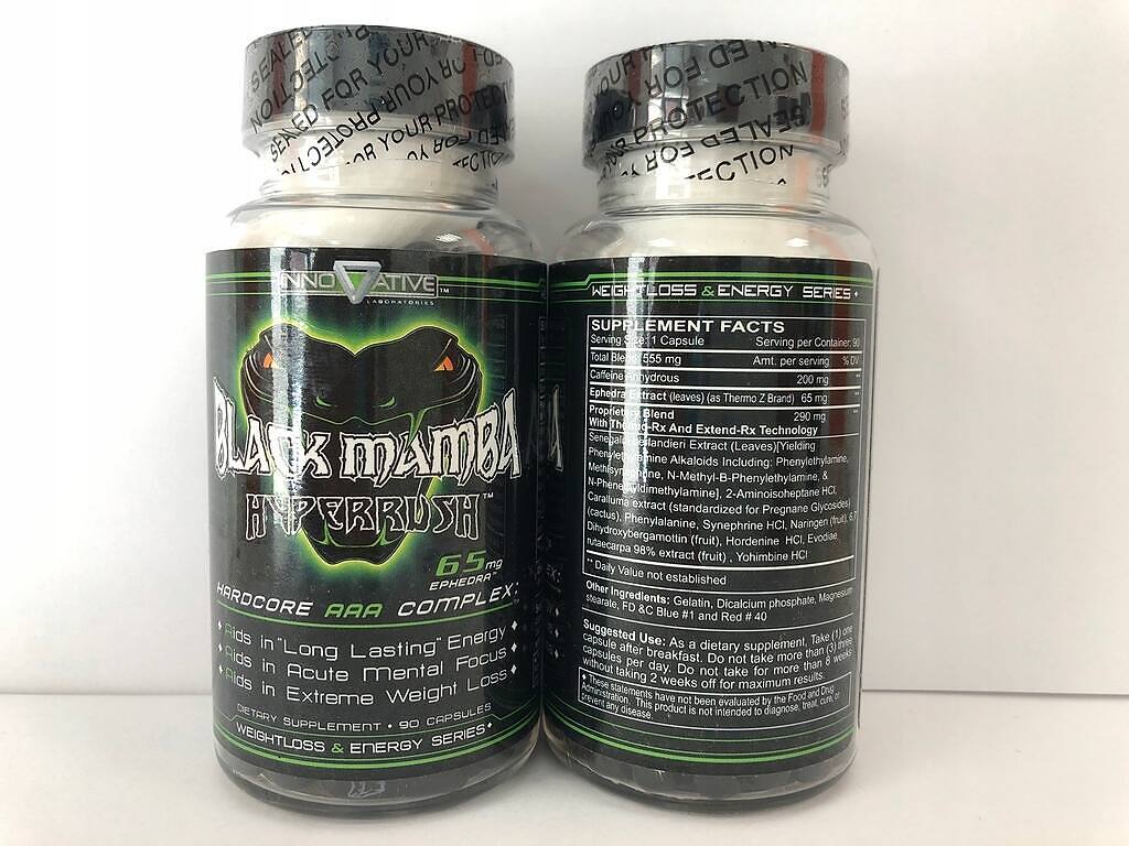 Two bottles of Black Mamba Hyper Rush weight loss and energy supplement pills, showing front label and supplement facts