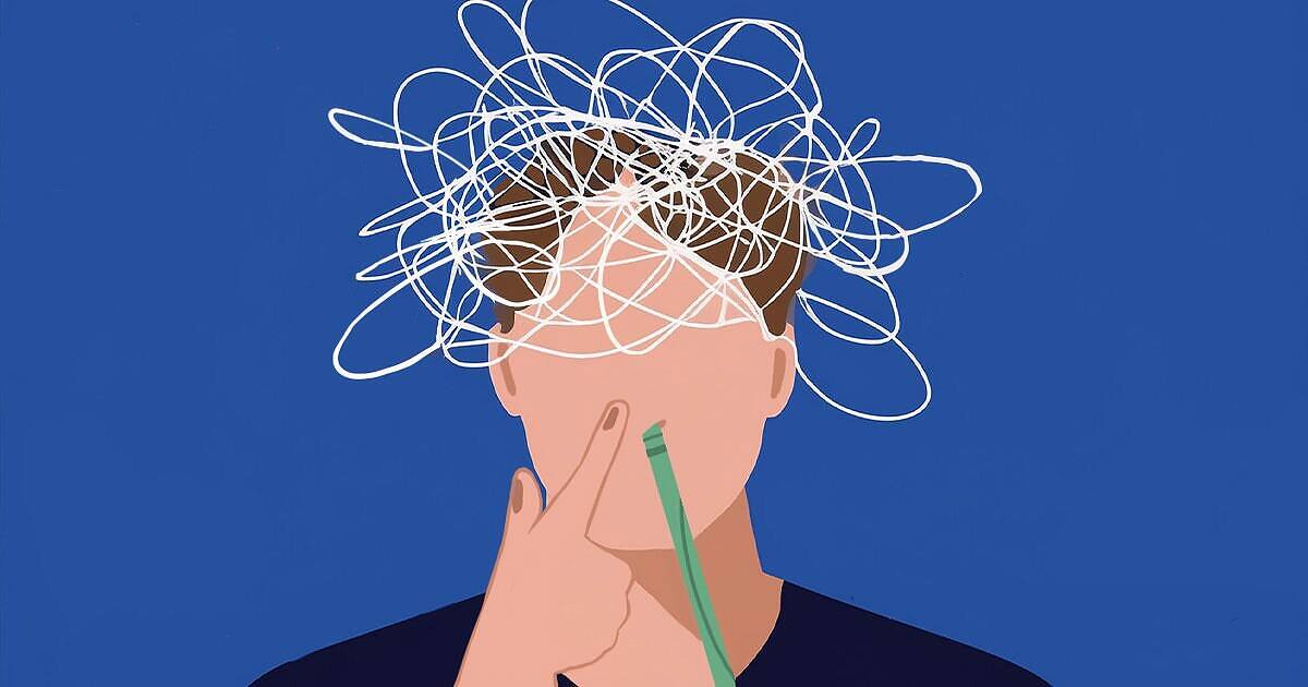 Illustration of a person with tangled lines above their head, hand on face, symbolizing the mental turmoil of cocaine addiction