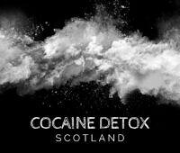 Dramatic white powder explosion with 'COCAINE DETOX SCOTLAND' text overlay, representing addiction treatment services