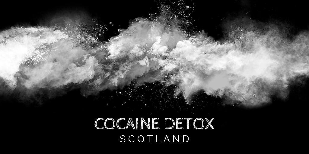 Dramatic white powder explosion with 'COCAINE DETOX SCOTLAND' text overlay, representing addiction treatment services