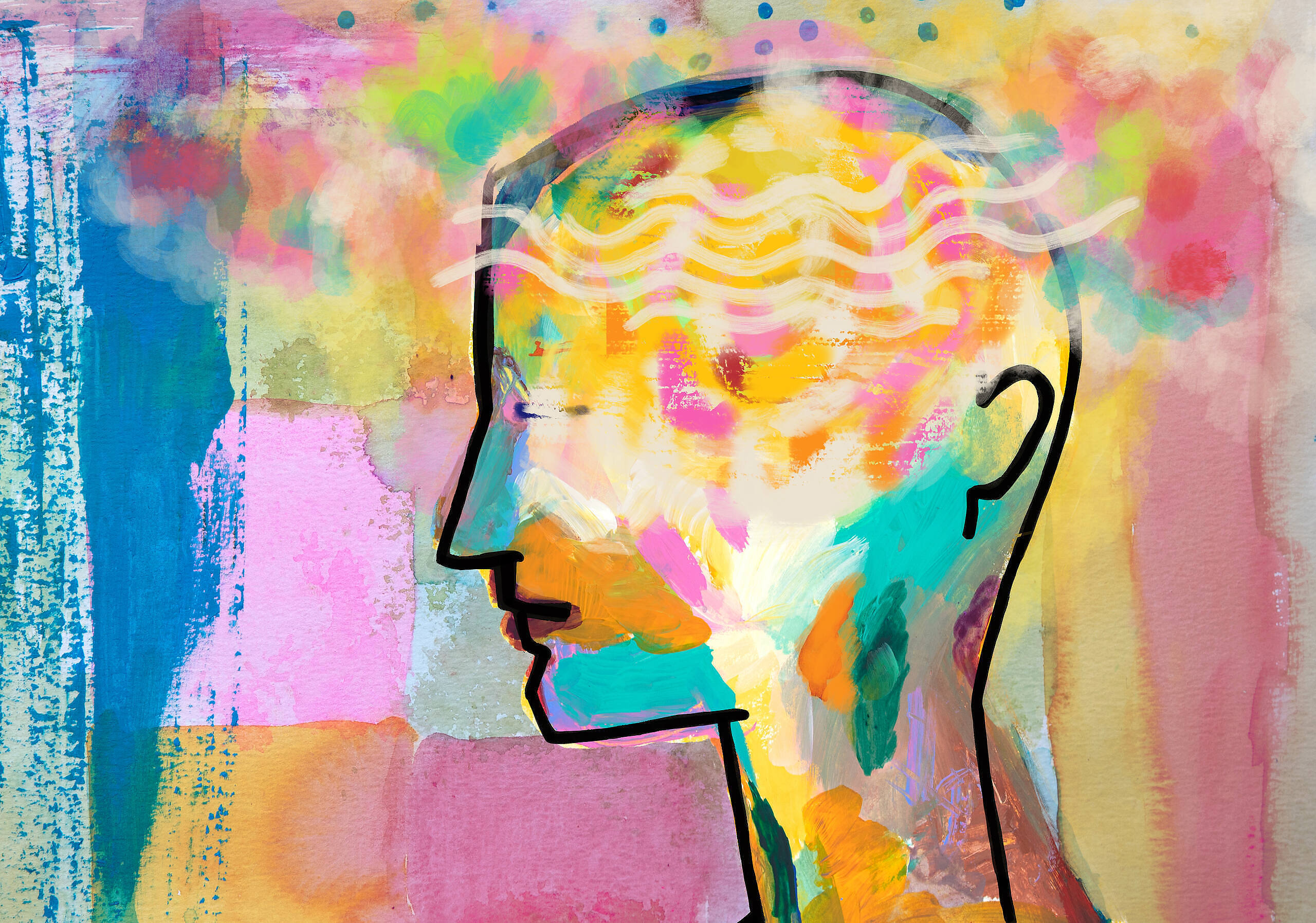 Abstract painting of a human head profile with vibrant colours symbolizing mental transformation, healing, and the complexity of addiction recovery through holistic therapy