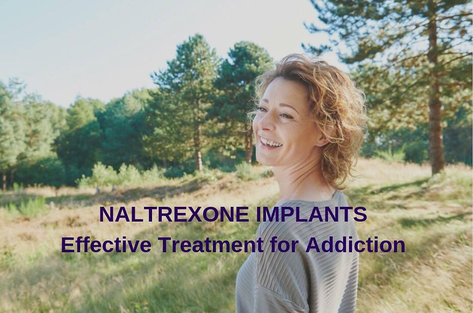 Smiling woman in nature with text overlay about Naltrexone implants as effective addiction treatment