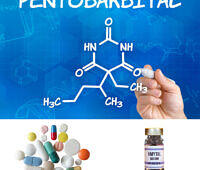 Composite image showing Pentobarbital chemical structure on blue background, assorted pharmaceutical pills, and Amytal Sodium vial, illustrating different forms of barbiturates