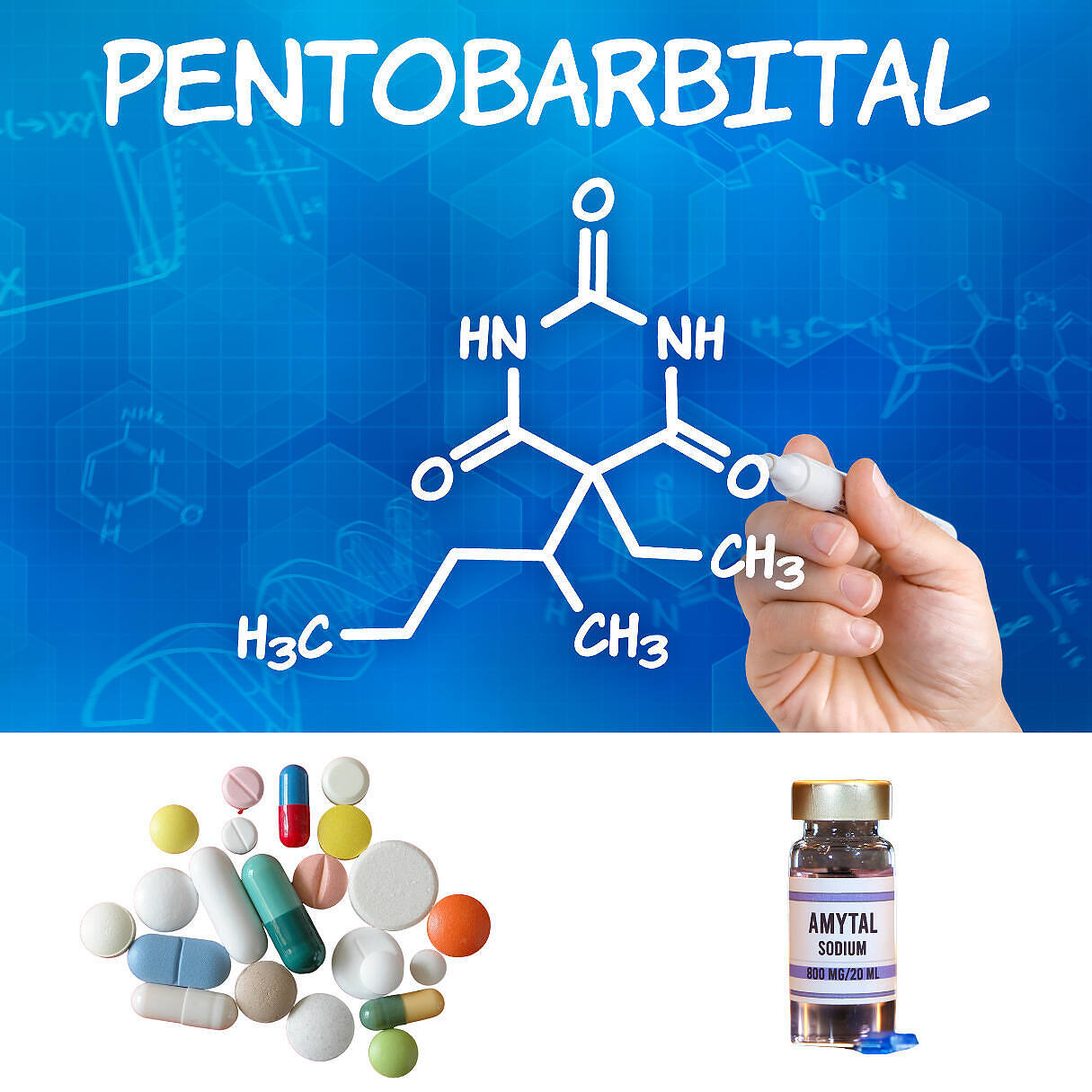 Composite image showing Pentobarbital chemical structure on blue background, assorted pharmaceutical pills, and Amytal Sodium vial, illustrating different forms of barbiturates