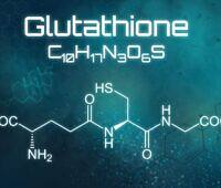 Glutathione chemical formula C10H17N3O6S and molecular structure displayed on teal background with hexagonal pattern