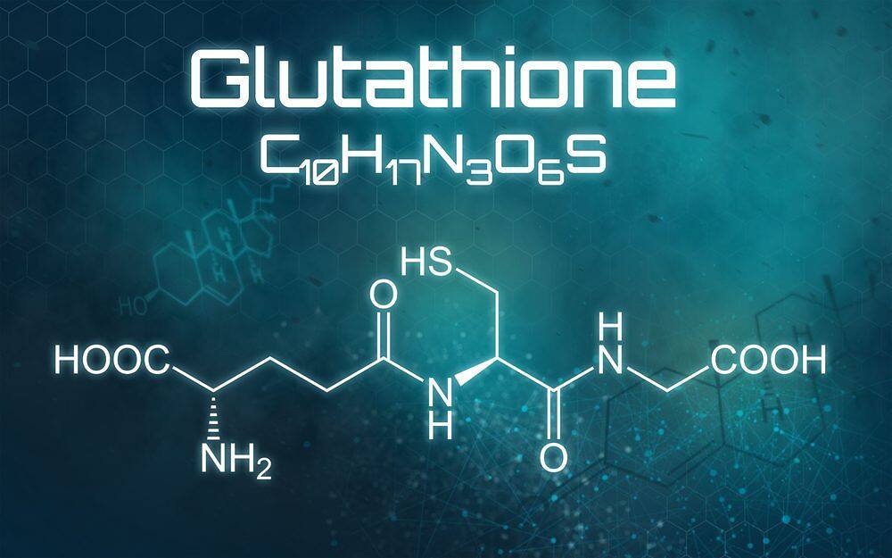 Glutathione chemical formula C10H17N3O6S and molecular structure displayed on teal background with hexagonal pattern