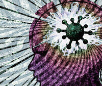 Illustration showing a purple human head profile with a green virus particle inside, representing mental health effects of pandemic stress