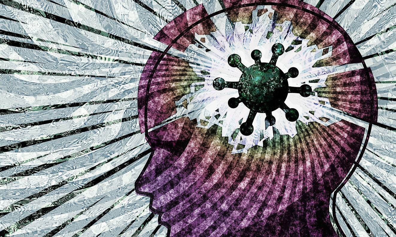 Illustration showing a purple human head profile with a green virus particle inside, representing mental health effects of pandemic stress