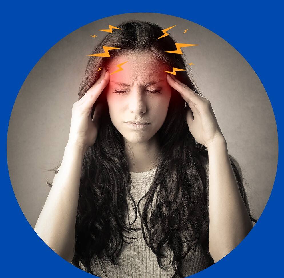 Woman experiencing severe headache with illustrated lightning bolts around her head, demonstrating the pain associated with alcohol-induced headaches