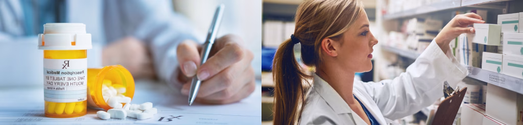 Doctor writing a prescription for alcohol withdrawal medication with a bottle sitting on the table on the right a pharmacist selecting medication from a shelf