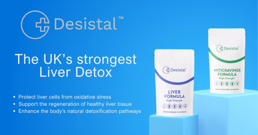 blue background with text UK strongest liver detox and two packs of desistal liver formula on tables