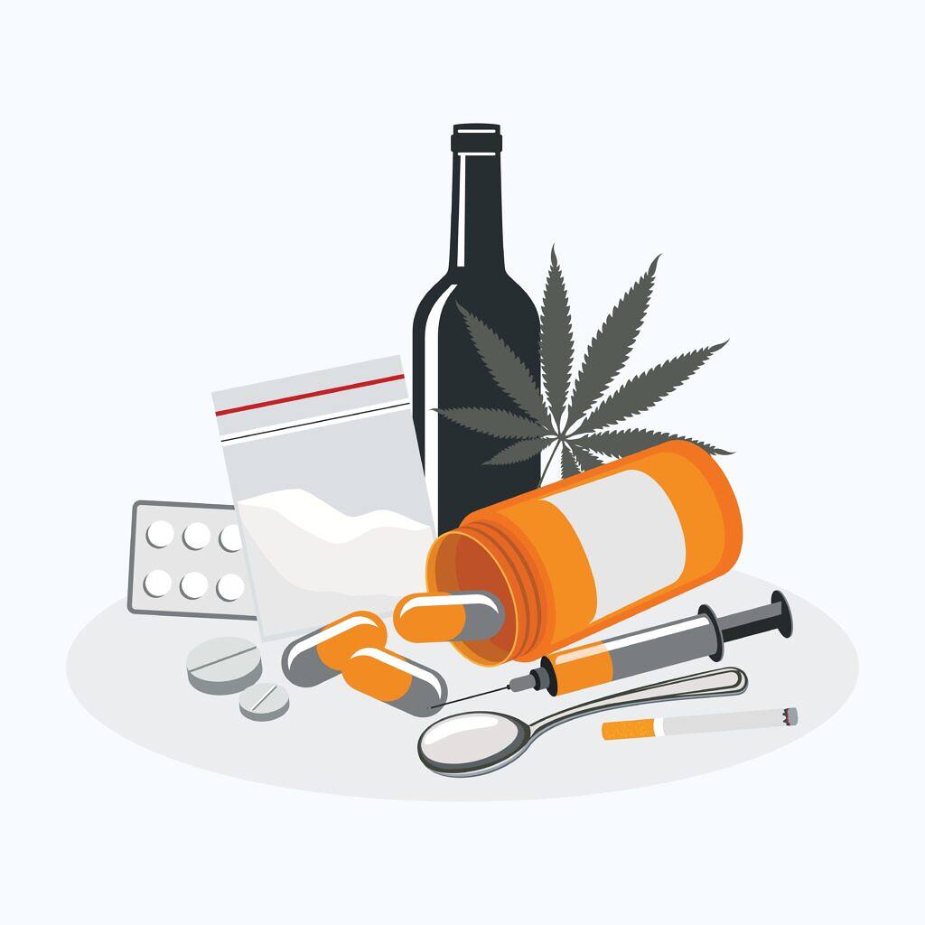 Drawing of black bottle of antibiotic pills with cocaine bag and crack spoon