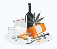 Drawing of black bottle of antibiotic pills with cocaine bag and crack spoon