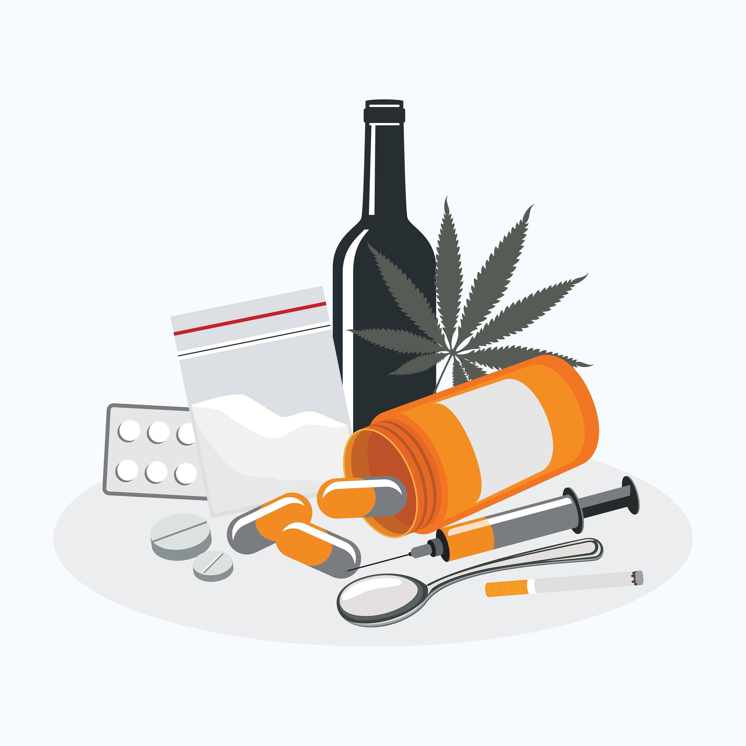 Drawing of black bottle of antibiotic pills with cocaine bag and crack spoon