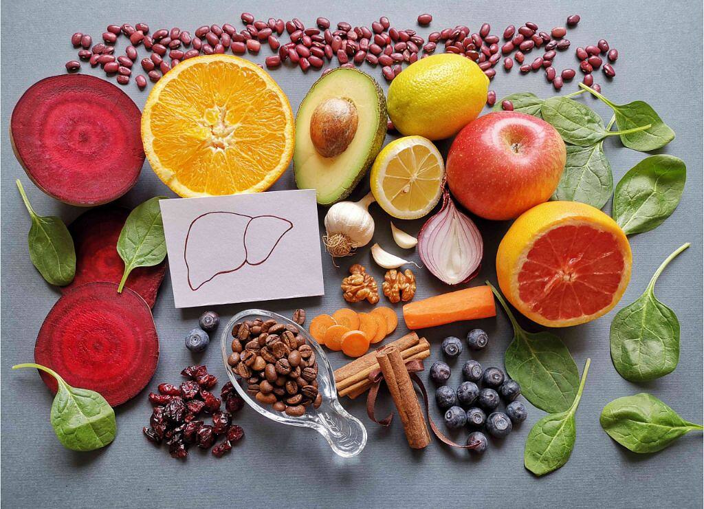 Assortment of fruits, vegetables, and nuts promoting liver health and detoxification