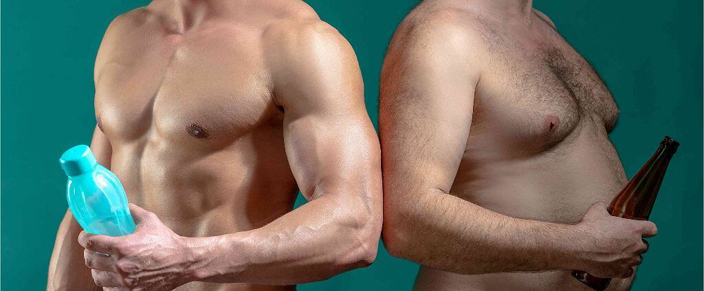 Two shirtless men standing back to back; one holds a water bottle, and the other holds a beer bottle, representing healthy living versus alcohol consumption.