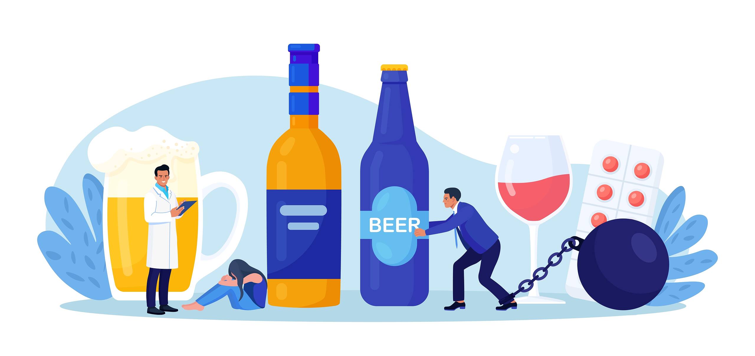 illustration of a doctor offering alcohol rehab treatment, a man with a giant bottle of beer with a ball and chain around his ankle with a glass of wine and pills behind him representing the spectrum of what rehab treats