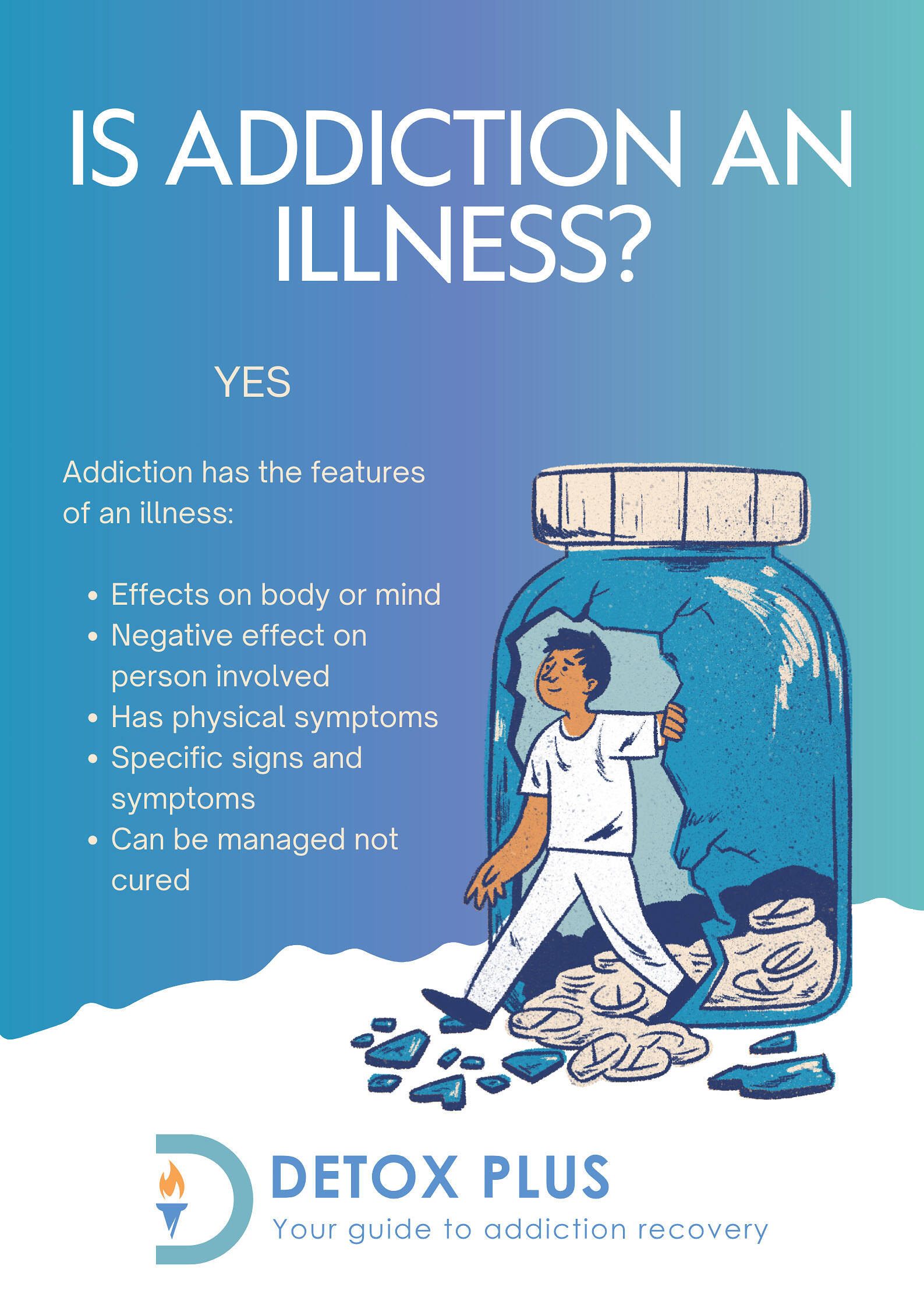 man stepping out of a broken drug bottle question is addiction an illness against a blue background answer below with bullet points about addiction characteristics that match an illness