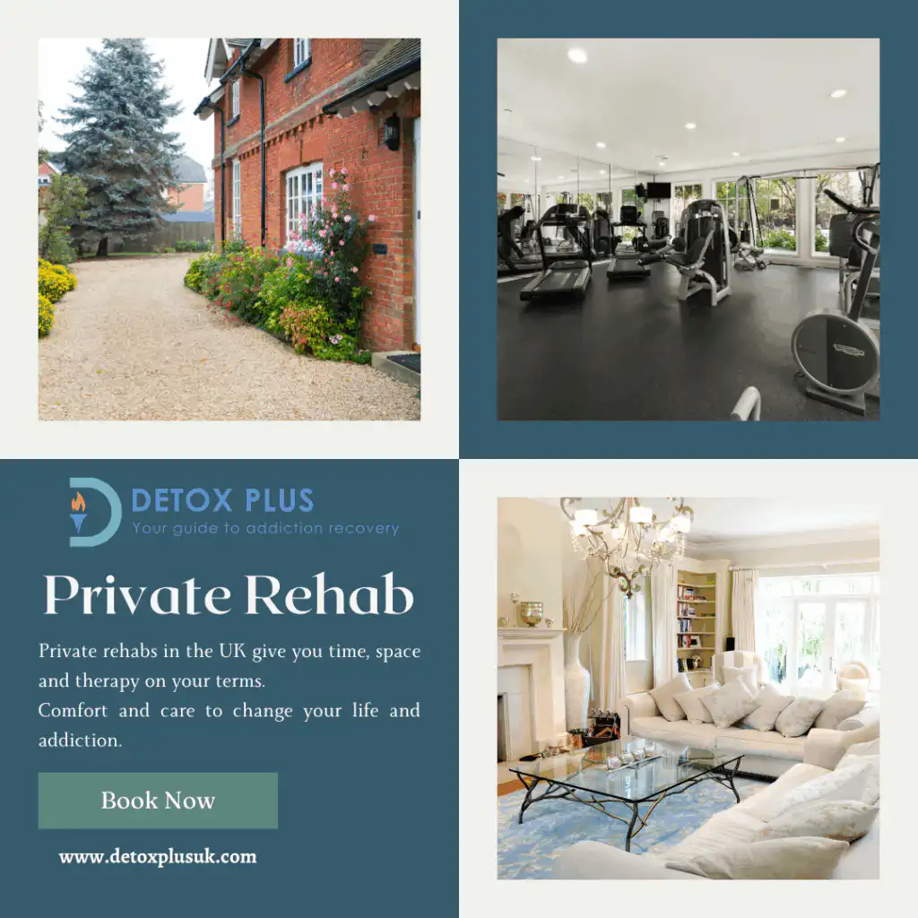 Collage of luxury rehab facilities showing bedroom, lounge area, and fitness center with exercise equipment