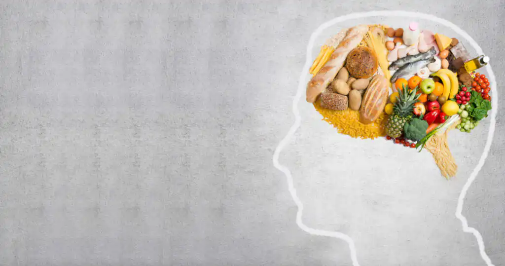 Silhouette of a head filled with various healthy foods including fruits, vegetables, grains, and proteins, symbolizing brain nutrition|Image showing various fruits and vegetables on forks, including an orange slice, cherry, tomato, strawberry, and cucumber, with text "Nutrition in Addiction Recovery" above|Five forks holding different fruits and vegetables - orange slice, cherry, tomato, strawberry, and cucumber - symbolizing a balanced and nutritious diet essential for addiction recovery