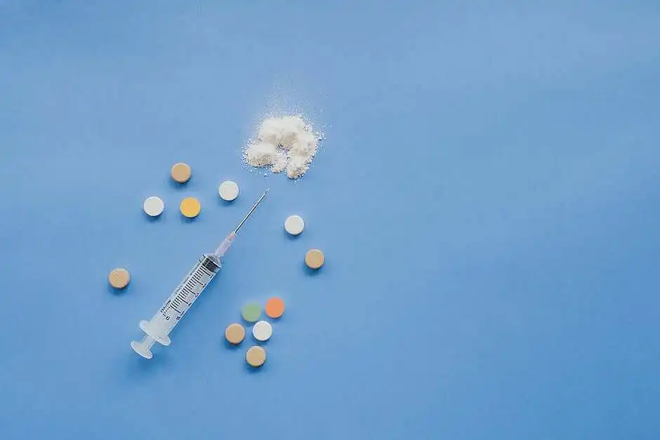 Various morphine forms including pills, white powder, and a syringe displayed on a light blue surface